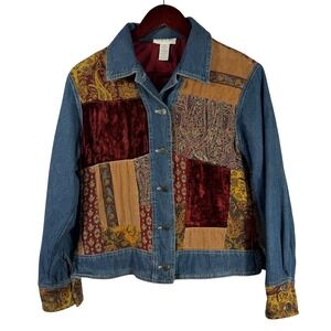 J. Jill Cut of the‎ Blue Patchwork Women's Denim Jacket Petite Medium Tapestry